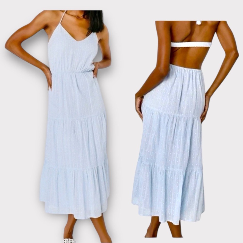 Lulu’s Women’s Light Blue Swiss Dot Tiered Midi Dress Halter, size Large